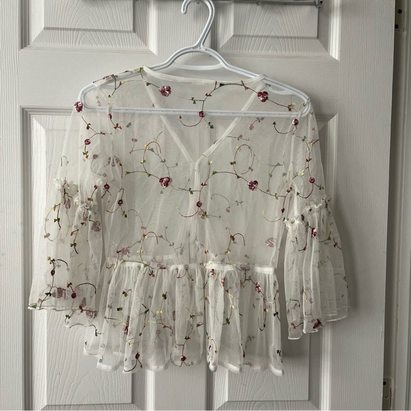 Vintage 90s mesh rose peplum boho top S - Picture 2 of 2